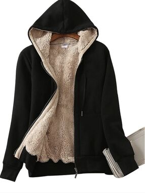 Black Hooded Zip Jacket with Beige Sherpa Lining